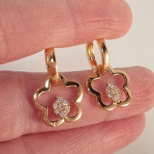 18K Yellow Gold Filled Hollow Flower Diamond Topaz Zircon Dangle Earrings